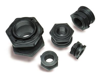 Bulkhead Fittings Brass Bulkhead / Tank Fittings 160 Black polypropylene Double-threaded with EPDM gasket Opening same size as outside diameter Part # Old No. FPT Hole Dia 8.705-336.