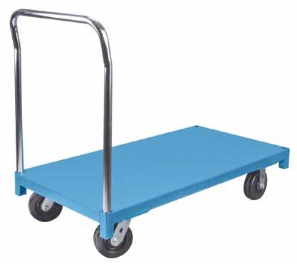 STEEL DECK PLATFORM TRUCKS All-welded design 14-gauge steel base 2" turned down lip and reinforced channels underneath Double welded sockets Removable 1 1/4" chrome handle can be inserted in either