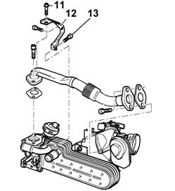 Note: New part installation must be followed according to work step sequence to prevent stress Remove screw -13- and bracket -12- from removed EGR cooler Install bracket -12- onto new EGR cooler (038