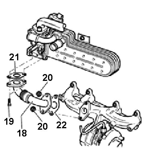 Reconnect coolant hoses to EGR cooler and secure with spring clamps -1- Remove 3093 hose clamps Using parts from kit, loosely install new lower connecting pipe -18- (038 131 521 CC) with new gasket