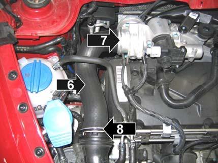 For All Vehicles Remove clips -7- and -8- and charge air hose -6- Tip: On some models, clip -8- shown in illustration may be different Remove bolt -1- securing