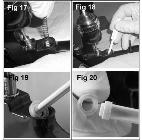 Remove air valve by gripping the stem. (See fig 16) 4. Remove spring with spring pad. (See fig 17) 5. Hook out rear seal using Service Tool (56). (See figs 18 & 19) 6.