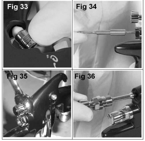 Insert fluid needle all the way into gun body seating in fluid nozzle (See fig 34). 20. Insert needle spring, spring pad, and fluid adjusting knob. (See figs 28 & 27). Reinstall trigger.