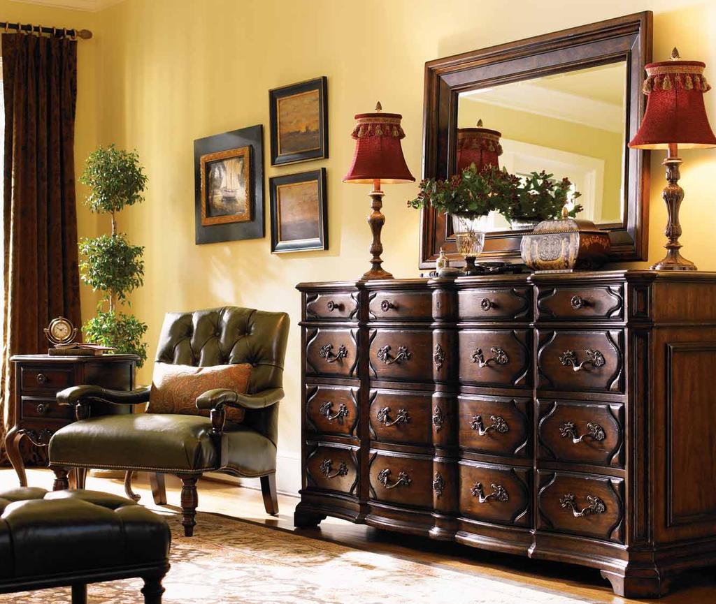 The distinctive shaping and carved drawer fronts on the Del Mar Dresser are accentuated by custom solid brass hardware.