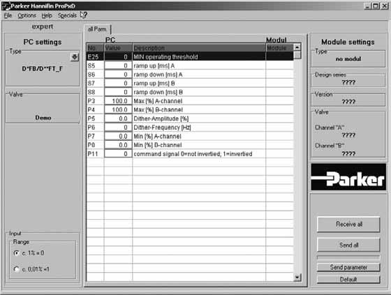 Catalogue HY11-5/UK Interface Program ProPxD interface program The ProPxD software permits comfortable parameter setting for the module electronics.