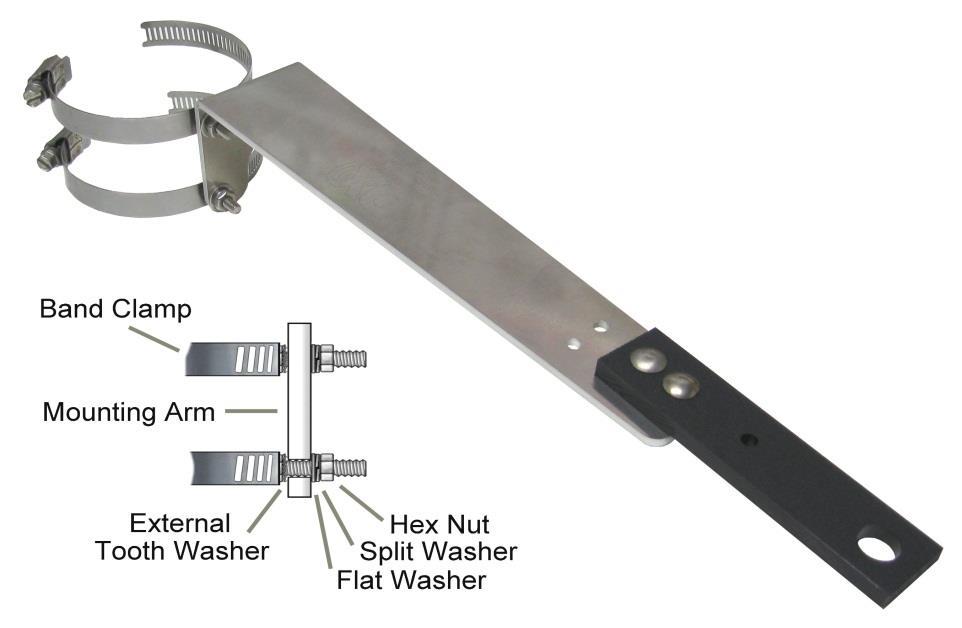 3. Install the 30 Meter AOK insulated bracket onto the stainless steel laser cut 30 Meter AOK mounting arm using two flat washers, split washers and hex nuts as shown in Figure 10. Figure 10 4.