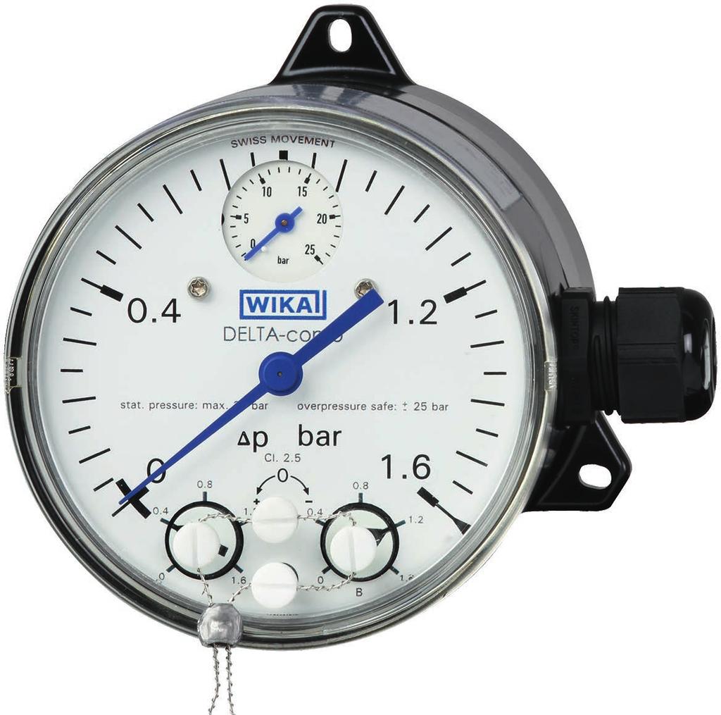 Mechatronic pressure measurement Differential pressure gauge with micro switches With integrated working pressure indication (DELTA-comb) Model DPGS40TA, with component testing WIKA data sheet PV 27.