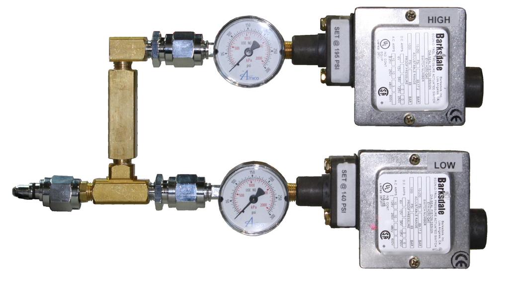 Pressure Switch With Gauge For Nitrogen / High and Low General Specifications: Pressure switch with gauge assembly for the medical gas alarm system shall incorporate a U.L. Listed single pole doublethrow snap-action switching element.