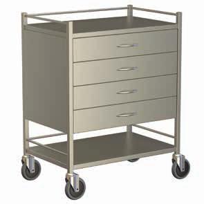 Four Drawer Instrument Trolleys With Bottom Shelf With Rails CLINICAL FURNITURE FOUR DRAWER 4 x 125mm Drawers CODE: 116711 SIZE: 490 (L) x 490 (W) x 900mm (H) FOUR DRAWER 4 x 125mm Drawers CODE: