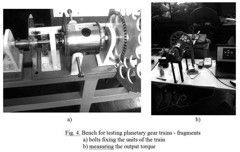 three external shafts of the train allow the measurement of the angle of rotation as well as the angular speed (with photo-sensors). In the case of static testing (Fig.