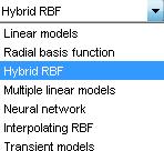 For RBF models, the type of profile function or kernel must be chosen along with the initial width and lambda.