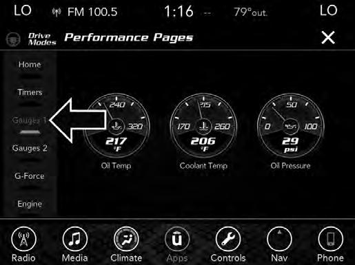 Trans Temp Shows the actual automatic transmission oil temperature. 4 SRT Performance Pages Gauges 1 (6.