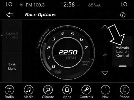 278 UNDERSTANDING YOUR INSTRUMENT PANEL Control screen. Within Race Options, you can activate, deactivate, and adjust the RPM values for the Launch Control and Shift Light features.