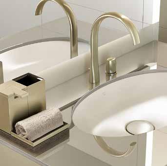 BEAUTY AREA The contemporary shallow porcelain washbasins, both countertop and those under counter, integrate perfectly in the collection and also feature the Water-Flow effect; perfectly designed to