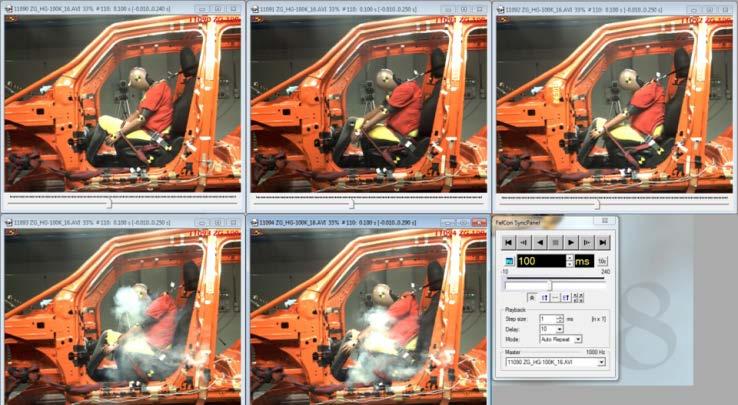 Head rotation is a little different in test 11091_ZG, with the head slightly more tilted than in other tests. Smoke is seen in the bottom two pictures as retractor covers were not fitted.