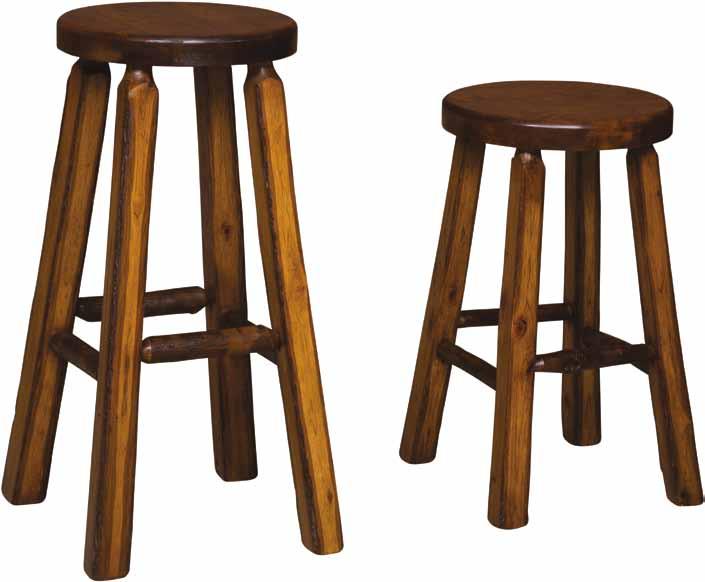 Bar Stools Hilltop Hickory bar stools are available in varying heights, with natural hickory seats finished in stain of choice or padded with fabric or leather covering and in styles with backs or no