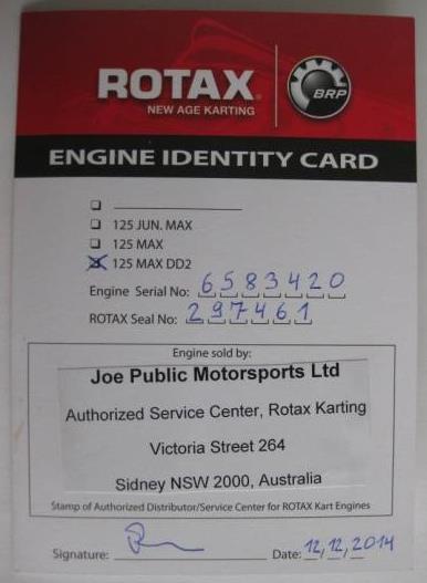 At every new sealing of an engine the ROTAX Authorized Distributor or Service Centers that checks and seals an engine is responsible for following indications at the Engine Identity Card which