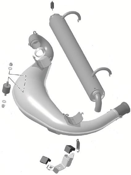 Tuned pipe with 180 o elbow and silencer are two separate pieces. Silencer is fixed with 2 springs to the 180 o elbow and 2 springs to the tuned pipe.