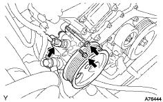 (b) Install the V-ribbed belt tensioner by tightening the bolt 1 and bolt 2 in the order shown in the illustration. Torque: 36 N m (367 kgf cm, 27 ft lbf) (c) Tighten the other bolts.