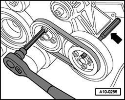 Page 20 of 38 13-18 V-belt, removing and installing Lock carrier in service position Page 13-17 Ribbed belt free of tension Page 13-15 Removing - Remove noise insulation panel (arrows).