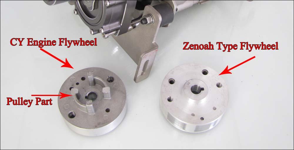 Flywheel Modification The flywheel from CY engine is different from standard Zenoah type flywheel, there is a starter pulley built-in on the flywheel, and therefore, you will
