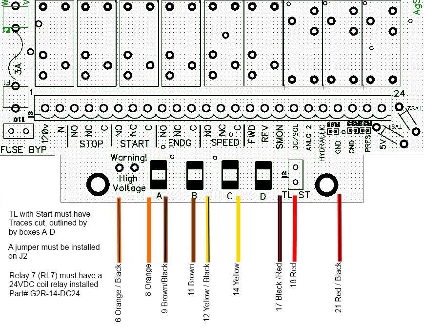 DC (TL) Device Start wire colors and functions Orange w/ black stripe (position 6) Normally Open side of stop/start relay circuit Orange (position 8- Common sides of stop/start relay circuit.