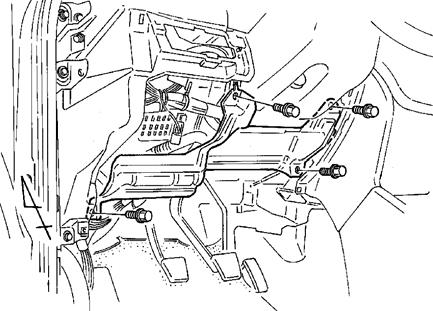 Remove the masking tape. 6. Remove the hood release latch. (Fig. A-6) i. Remove the cable from the latch as shown. 7. Remove the lower dash cover. (Fig. A-6) i. Remove the three (3) screws securing the lower dash cover.
