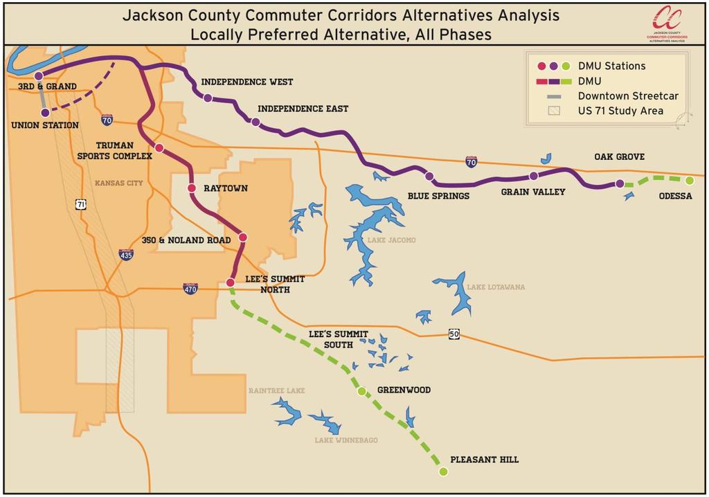 The I-70 corridor could potentially extend from the Phase 2 terminus of Oak Grove to Odessa. At this terminus point, a station would be located that allows for parking and multimodal connections.