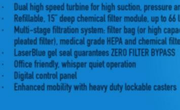 (30kg) Multi-stage filtration system: filter bag (or high capacity pleated filter), medical grade HEPA and chemical filter LaserBlue gel seal guarantees ZERO FILTER BYPASS Office friendly,