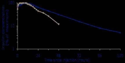 Razpolovni čas inzulina degludeka je dvakrat daljši od inzulina glargin IDeg 0.8 U/kg IGlar 0.