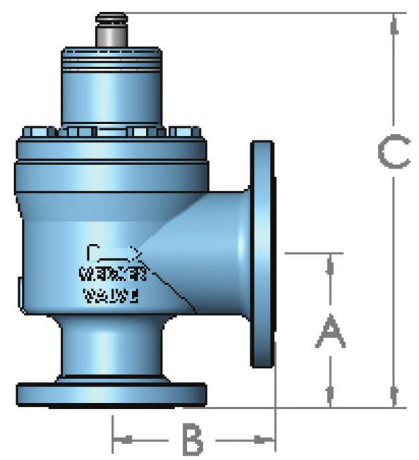 INLET- OUTLET CODE VALVE SIZE AND FLANGE RATING INLET X OUTLET AVAILABLE ORIFICE SIZE PRESSURE RANGE (psig) C.S. @100º F CENTER TO FACE DIMENSIONS (IN.) +/- 1/16 INLET X OUTLET X HT. A X B X C APPROX.