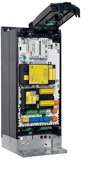 52 ABB INDUSTRIAL DRIVES, ACS880, SINGLE DRIVES, CATALOG Safety options 01 ACS880 drive with FSO-12 Integrated safety Integrated safety reduces the need for external safety components, simplifying