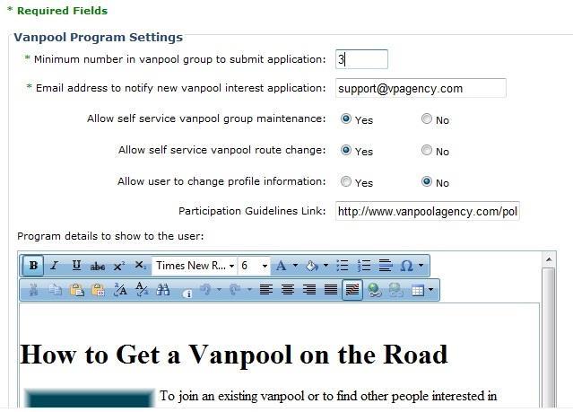 Vanpool View/Modify Vanpool Program Settings This number is used only when a vanpool interest group is created with one or more passengers.