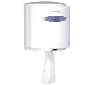 Dispenser automatically advances and cuts a nominal 12" of towel when activated by pulling exposed towel. No-Touch dispensing system helps minimize the spread of dirt and germs.