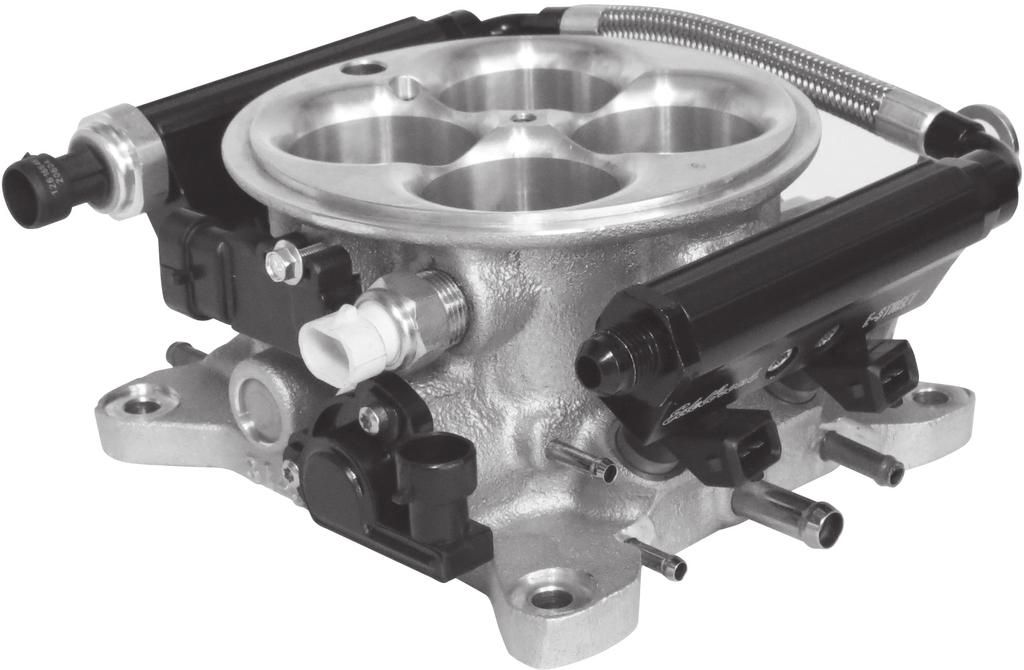 4-BARREL THROTTLE BODY The E-Street system uses a 4150 style, flanged throttle body with four throttle blades arranged in a conventional 4-barrel pattern with staged secondaries.
