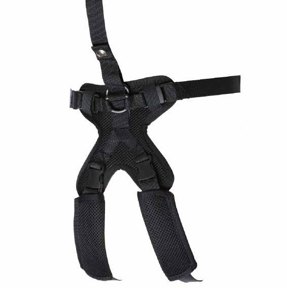 Correct harness fitting is attained when the harness fits snugly to the user s body but the caregiver s hands can be inserted between the shoulder and straps.