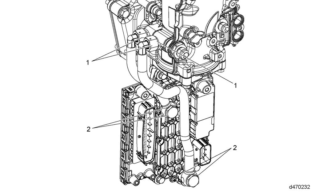 10 67-12 Figure 8. Fuel Filter Module; Fuel Cooler Gaskets 1. Fuel line fitting leak points 2.