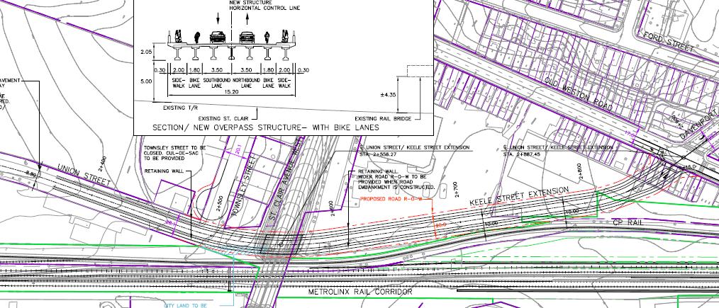 It also considers a southeasterly extension of Union Street at Townsley Street over St. Clair Avenue West. One (1) traffic lane, dedicated bike lane and sidewalk are provided in each direction.