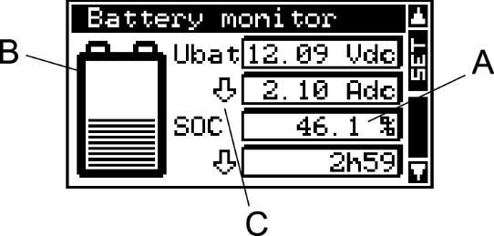 5 DISPLAY OF THE STATE OF THE BATTERY On installations with a, the view over information on the battery is added to the RCC. In area (A), four values of the are displayed.