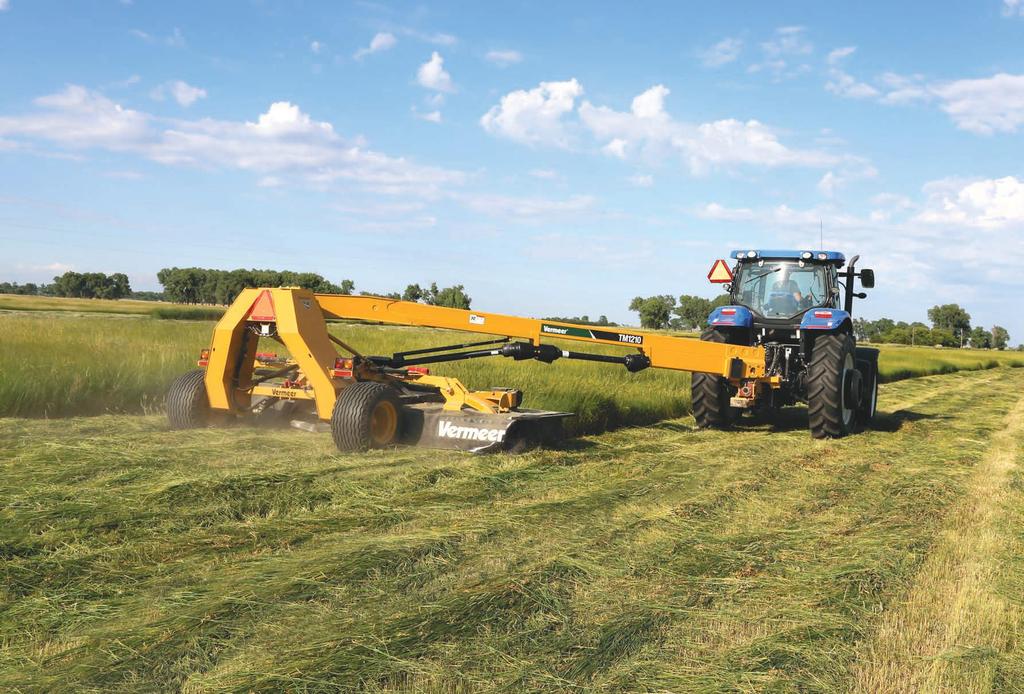 Vermeer TM110 and TM1410 trailed mowers offer cutting widths up to 17.7 ft (5.4 m) (TM110) and 0.8 ft (6.3 m) (TM1410).