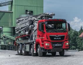 The MAN TGS three-axle versio ca take cocrete pumps with a mast legth of up to 39 metres, the four-axle up to 48 m ad the 5-axle up to 60 m.