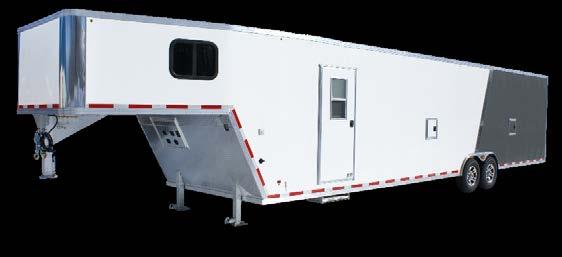 ENCLOSED GOOSENECKS [TANDEM AXLE] 32' - 38' STANDARD FTURES All-Aluminum Construction White Luan Interior Walls Recessed HD D-Rings Manual Landing Gear 16" O/C Wall & Roof Studs w/ T-Channel Trim