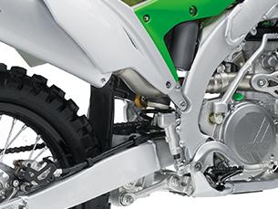 s highly tuned performance, and green highlights on the suspension adjusters and engine oil cap and generator cover plugs contribute to a distinctive Kawasaki look.