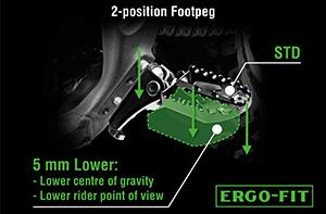Adjustable Footpegs Adjustable footpeg brackets enable riders to lower their footpeg position 5 mm. In the lower position, Centre of Gravity is lowered as is the rider?