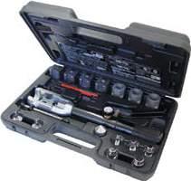 The kit includes dies and adapters for flaring and swaging copper tubing sizes 1/4, 5/16, 3/8, 1/2, 5/8, 3/4 and 7/8. Comes in custom molded carrying case.