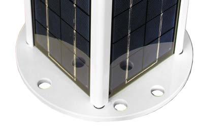 indicator LEDs visible through lens) Solar panels Base plate with