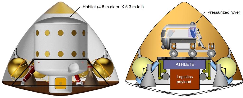Figure 12. Cargo version concepts for landers with surface habitat and logistics carrier. would not depend on interacting with any other surface infrastructure on Mars.