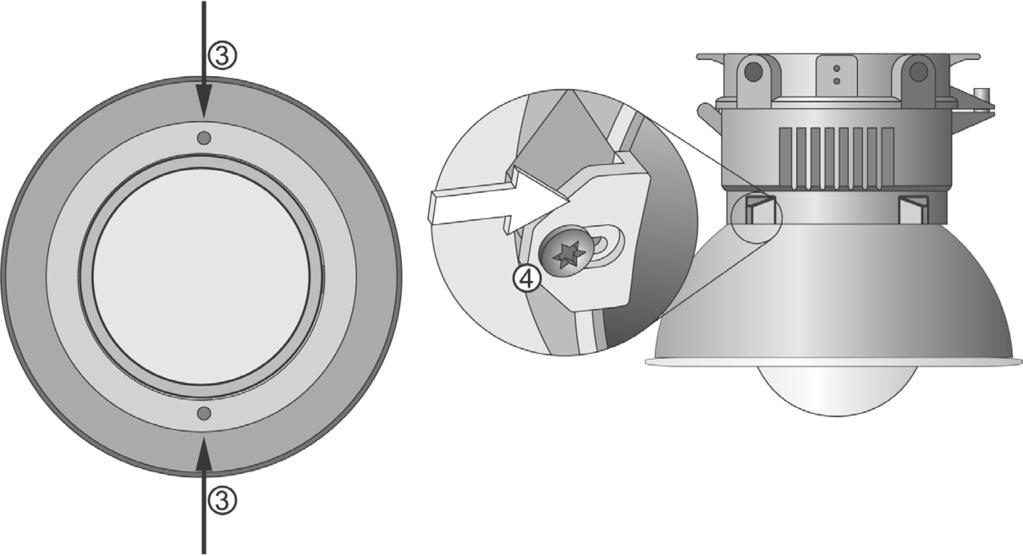 Installation Secure reflector with two screws (3). Turn plate, press it against glass and tighten screw (4).