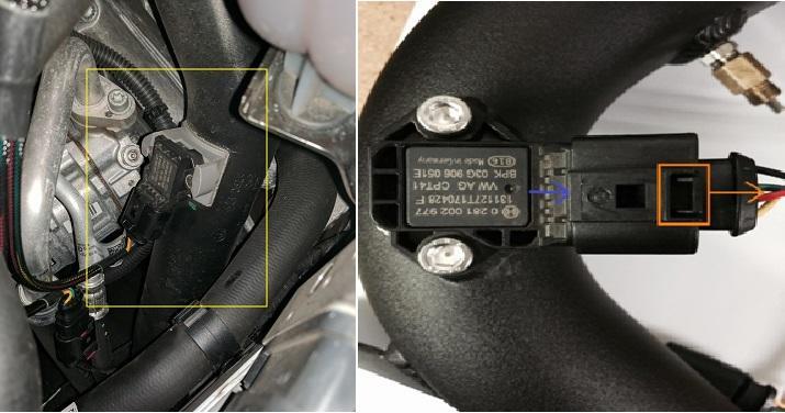 PLUG D: JB1 and JB4 Plug D is found on the charge pipe which goes to the throttle body. It is removed by pressing the tab indicated above down and away from the sensor.
