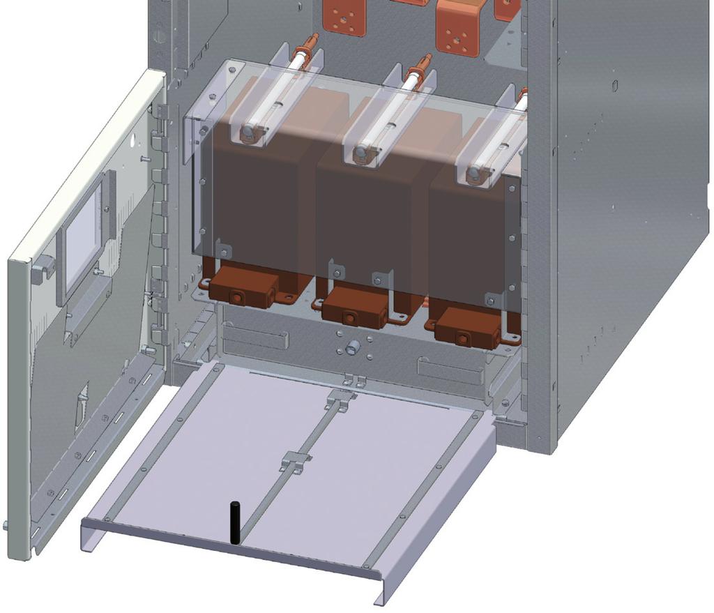 4 Replacement of High Voltage Fuses and Voltage Transformers (contd.) 4.4.3 Re-inserting the truck into the panel Push the truck into the cable compartment via the two handles until it is latched in the panel (Fig.